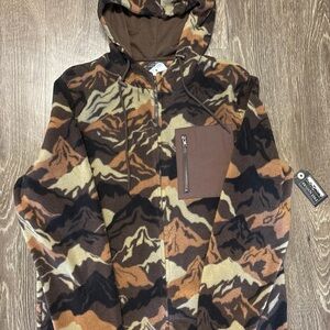 Camo Mountain Pattern Fleece Hoodie - Brown Multi